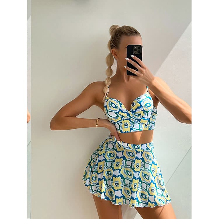 2022 New Floral Bikini 3 Piece Swimsuit Set With Cover up Skirt Beach Wear