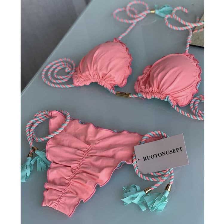 2022 New Sexy Ladies Swimsuit Solid Color Bikini Split Swimsuit Braided Bikini