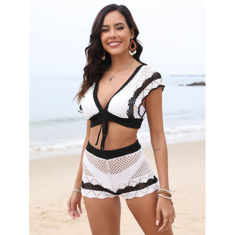 Women Sexy Matching Strappy Cropped Color Blocking Beach Vacation Two Piece Set