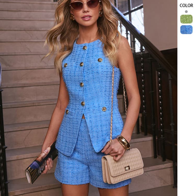 Women 2025 Sleeveless Textured Vest and Shorts Set with Buttons Two Pieces Casual Urban Style Coord