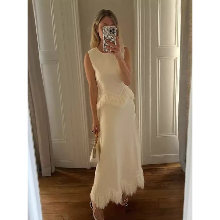 Elegant Christmas Two Piece Set Women White Fringe Lace Party Wear Socialite Style Set for Holiday Events