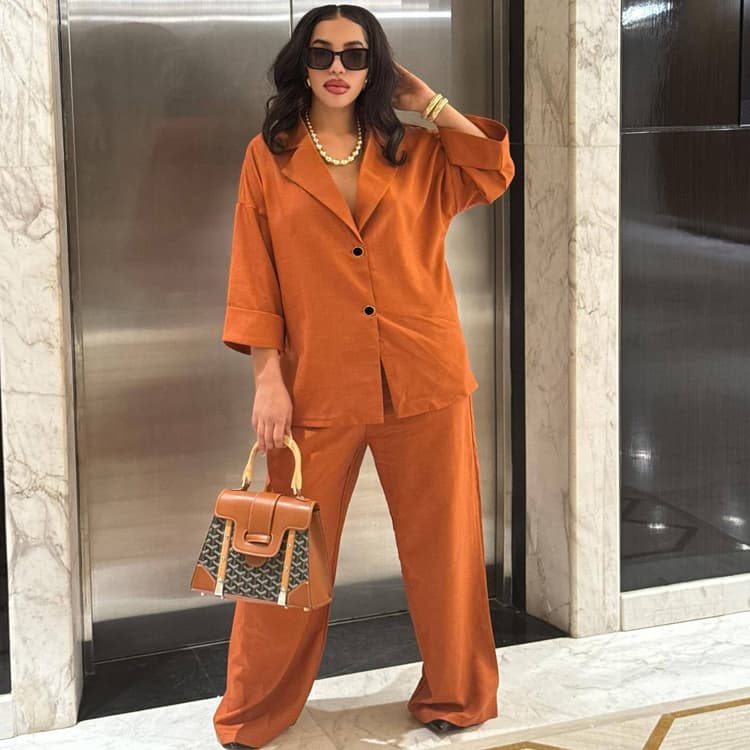 Women Casual Two Piece Set African Style Lapel Shirt and High Waist Straight Pants, Loose Fit Button Down Top