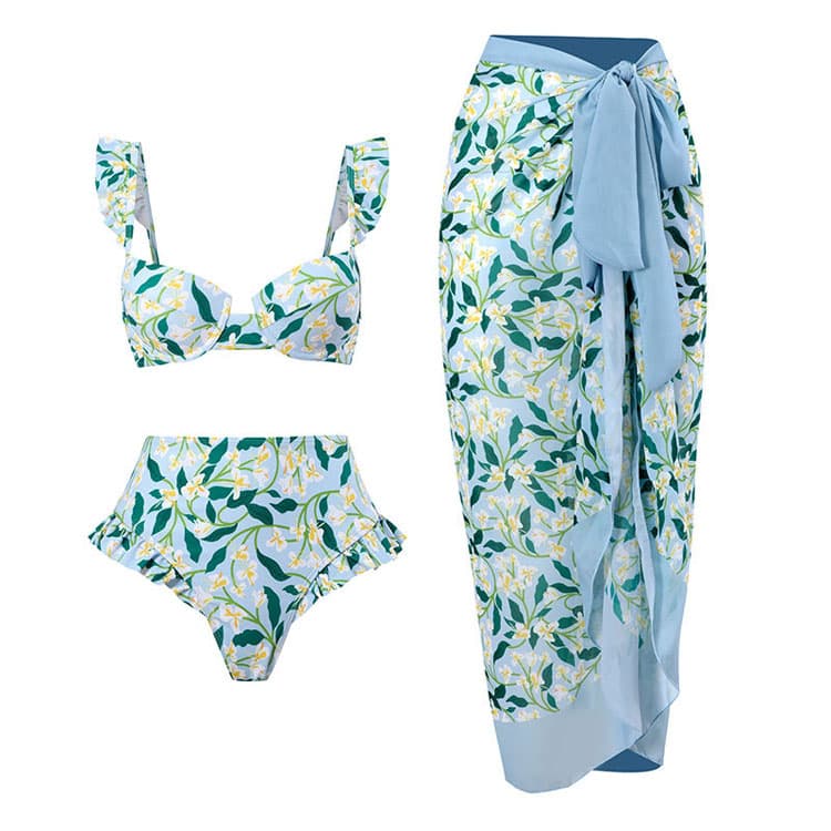2023 New Sexy Lace up V Neck One Piece Floral Printed Bikini Lady Swimsuit With Chiffon Long Skirt