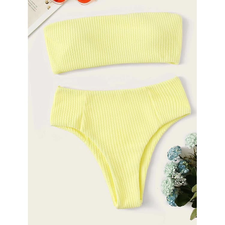 2023 New Simple High Waist Bandeau Two Pieces Solid Color Knitting Bikini Women Swimwear
