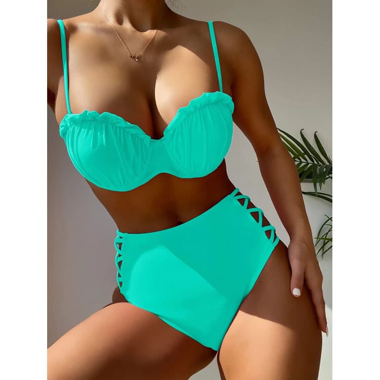 2023 Sexy Ruffled Shell Cup Hollow High Waist Two Pieces Solid Color Bikini Women Swimwear