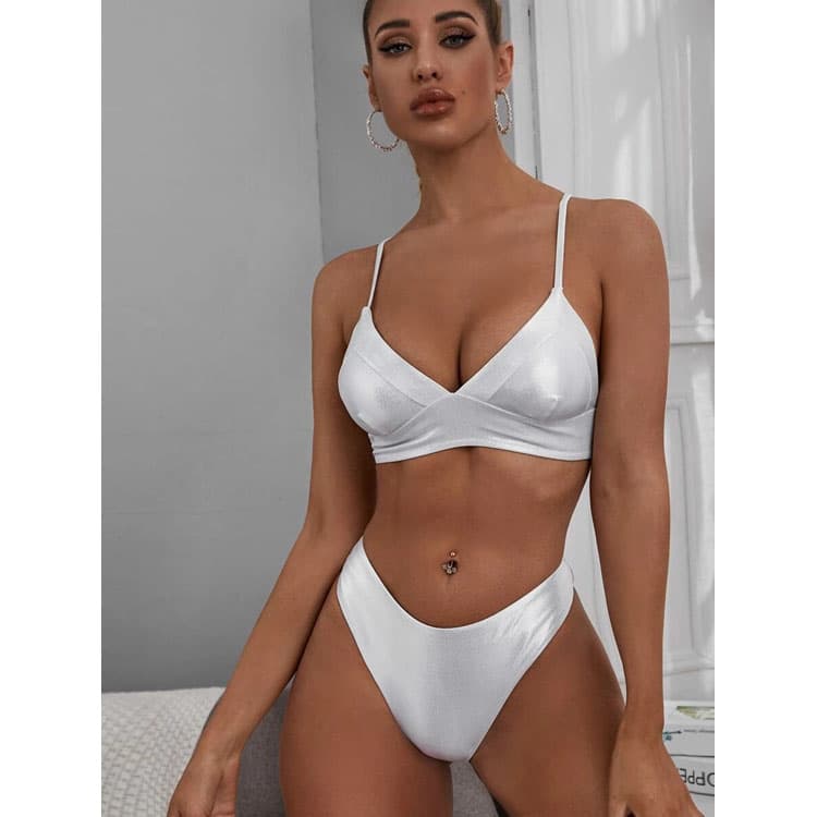 2023 New Luxury Shiny Halter High Waist Two Pieces Solid Color Metallic Bikini Women Swimwear