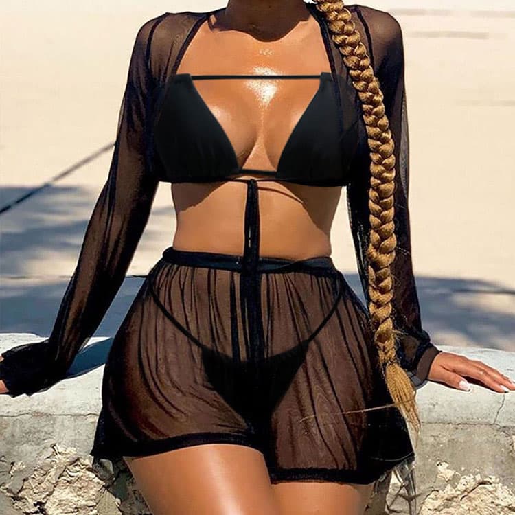 2023 New Sexy Black Mesh Hollow Backless Four Pieces Bikini Women Swimwear