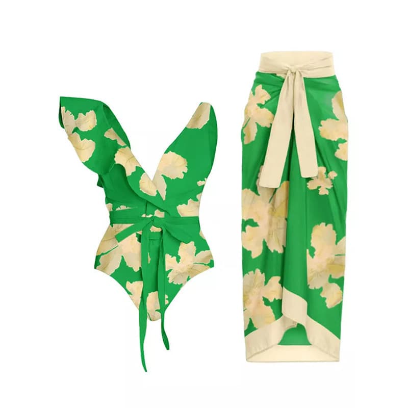 Retro Sexy Ruffle Edge Deep V Floral Print One Piece Bikini Women Swimsuit Swimwear