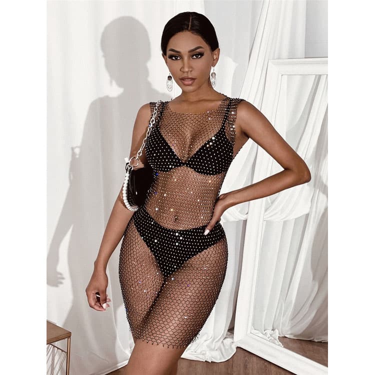 2022 Hot Sale Super Sexy Shiny Diamond Grid Body Chain Women Dresses