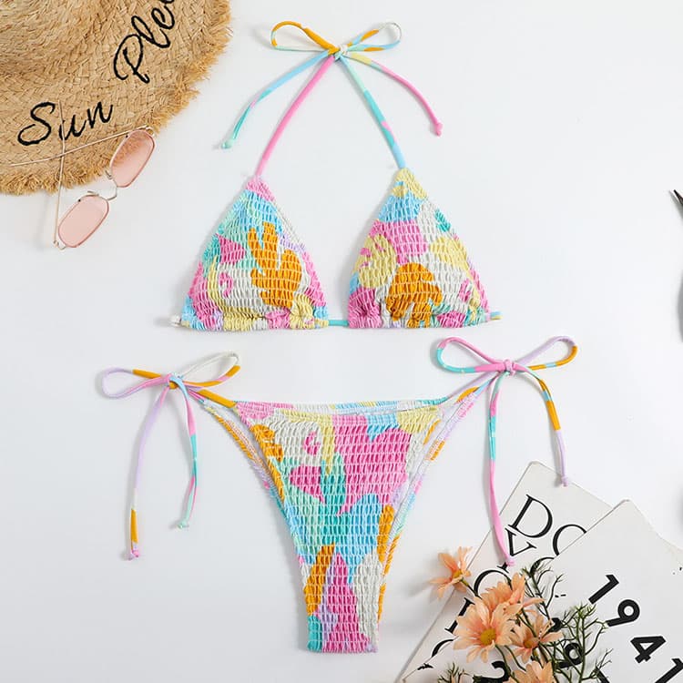 2023 New Cute Beach Sweetie Print Bow Tie Halter Two Pieces Bikini Women Swimsuit Swimwear