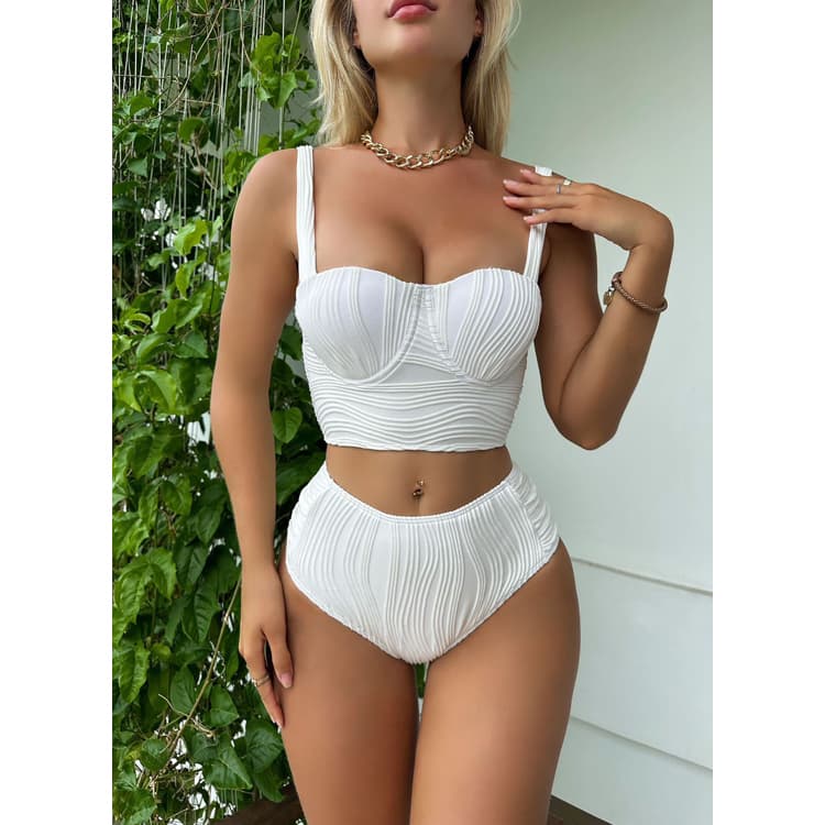 2023 Elegant Sexy Textured Fabric High Waist Solid Color Two Pieces Bikini Women Swimsuit Swimwear