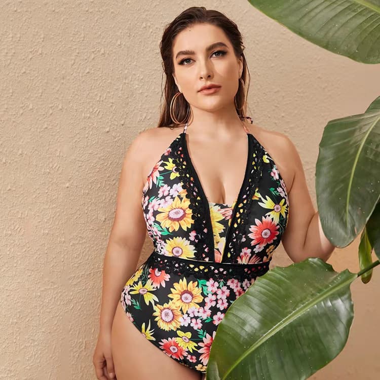 2022 Flower Print v Neck One Piece Swimsuit Bikini Lace Sexy Swimsuit Plus Size