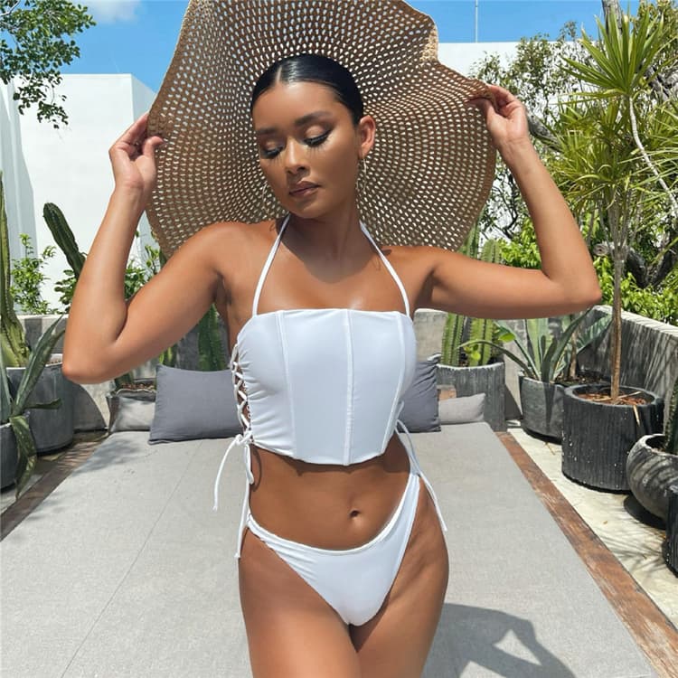 2023 Hot Sale Solid Color Black and White Bikini Strap Two Piece Bikini