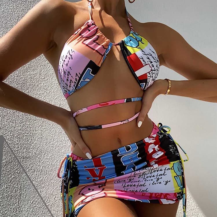 2023 Hot Sale Colorful Letter Print Beach Bikini Skirt Cover Bikini Strapless