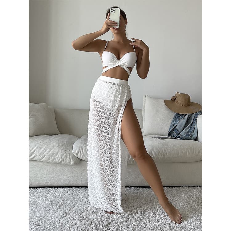 2023 Hot Style White Bodycon Swimsuit Slit Skirt 3 Piece Bikini Set Sexy Bathing Suit