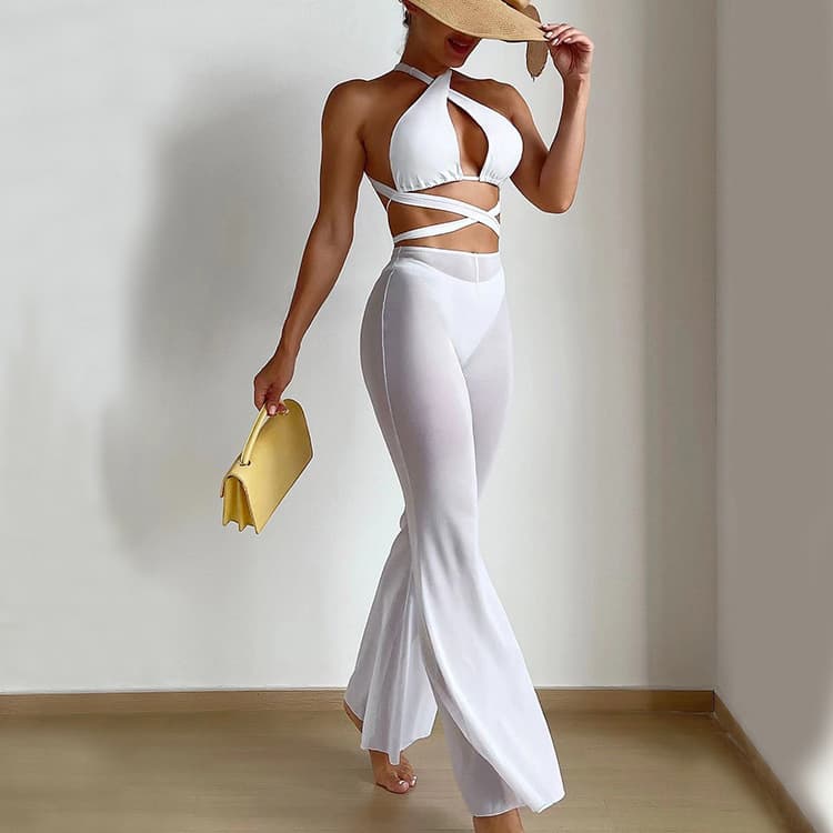 New Three Piece Swimsuit Ladies Solid Color Sun Protection Trousers Swimsuit Cross Strap Bikini