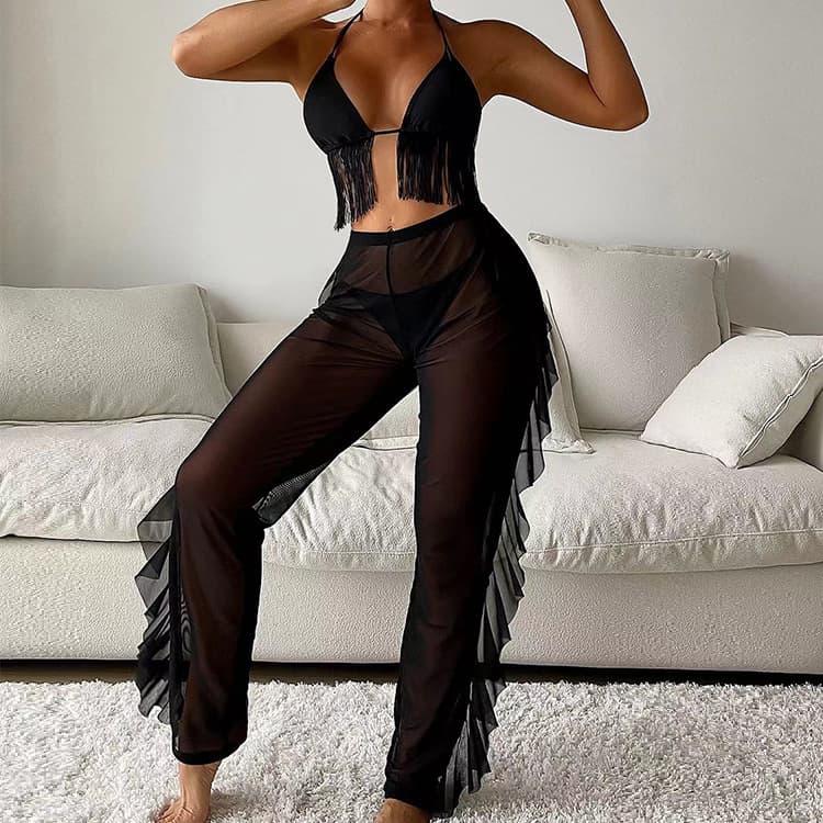 Black Bandage Fringed Backless Sexy Bikini Mesh Trousers Sun protection 3 Piece Swimwear Set