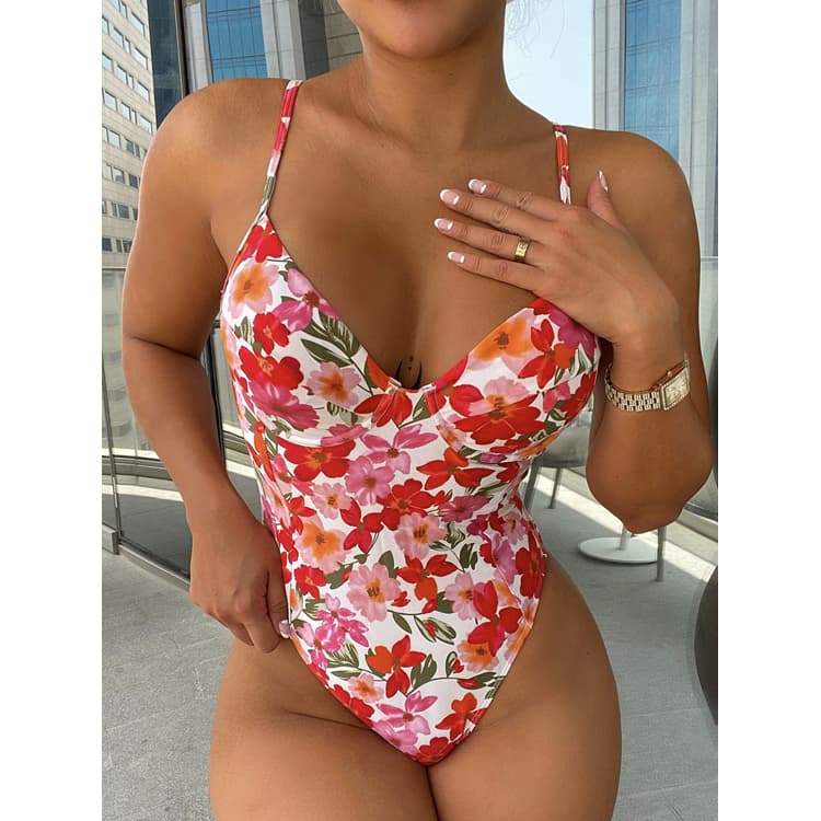 2022 New Sexy Sling Low Neck One Piece Swimsuit Bikini Steel Support Floral Bikini