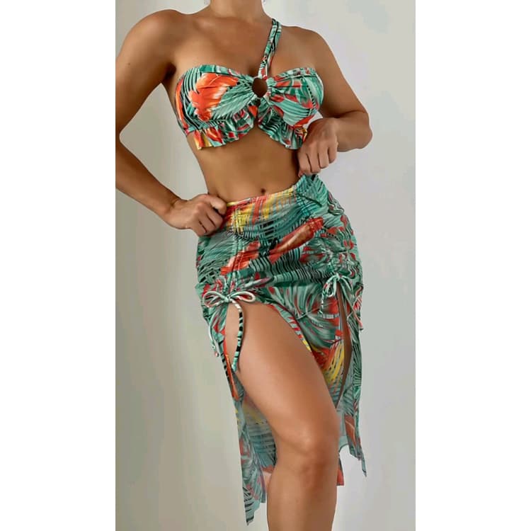 Leaf Printing 3 Piece Swimsuit Set Women Lace up Slit Skirt Beachwear Bikini Set
