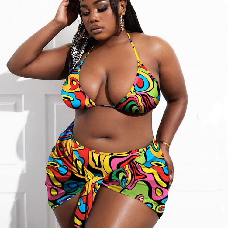 Colorful Large Mesh Three Piece Bikini Adjustable Tie Wrap Women Sexy Bikini