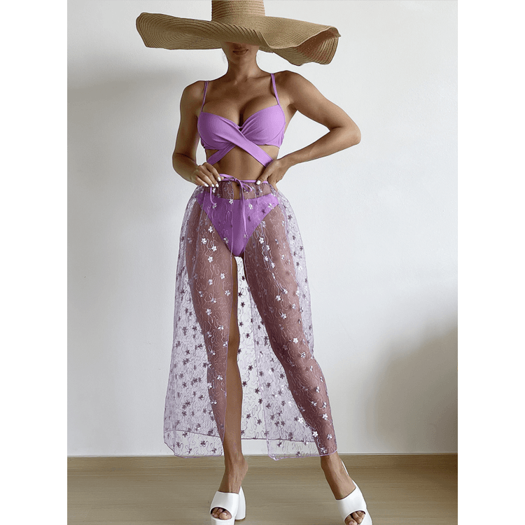 Purple Steel Ring Gathering 3 Piece Bikini Set Swimsuit With Cover Ups Backless Women Sexy Bikini