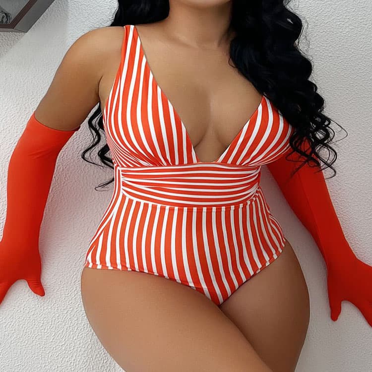 2023 New Striped One Piece Bikini V Neck High Waist Bikini