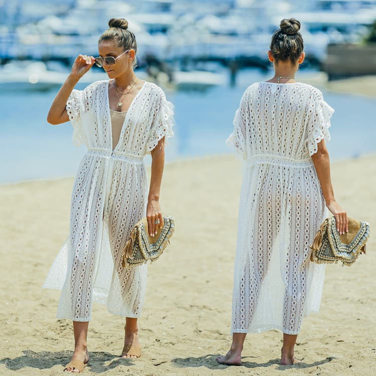 Muslim New White Lace Dress Beach Dress Hollow Ruffled Cover up
