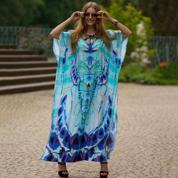 Hot Sale New butterfly Print Beach Kaftan v Neck Long Bikini Cover up