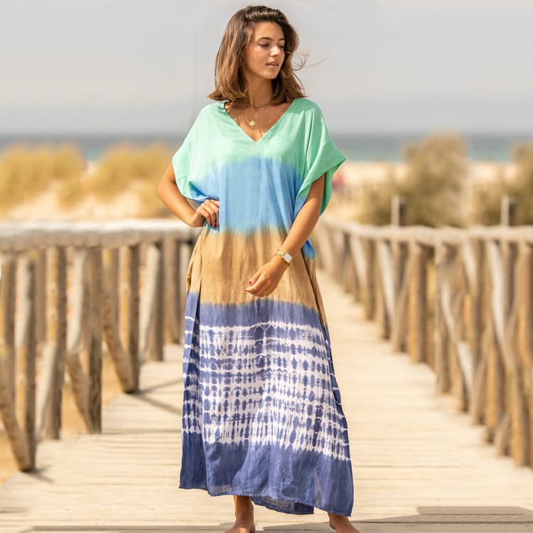 New Tie Dye Print Long Beach Cover up Cotton Vacation Robe Bikini Sun Cover up