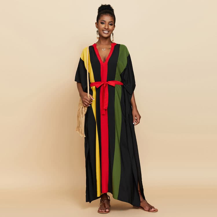 V Neck Color Blocking Loose Long Dress Waist Tie Women Beach Wear Cover up Summer Dress
