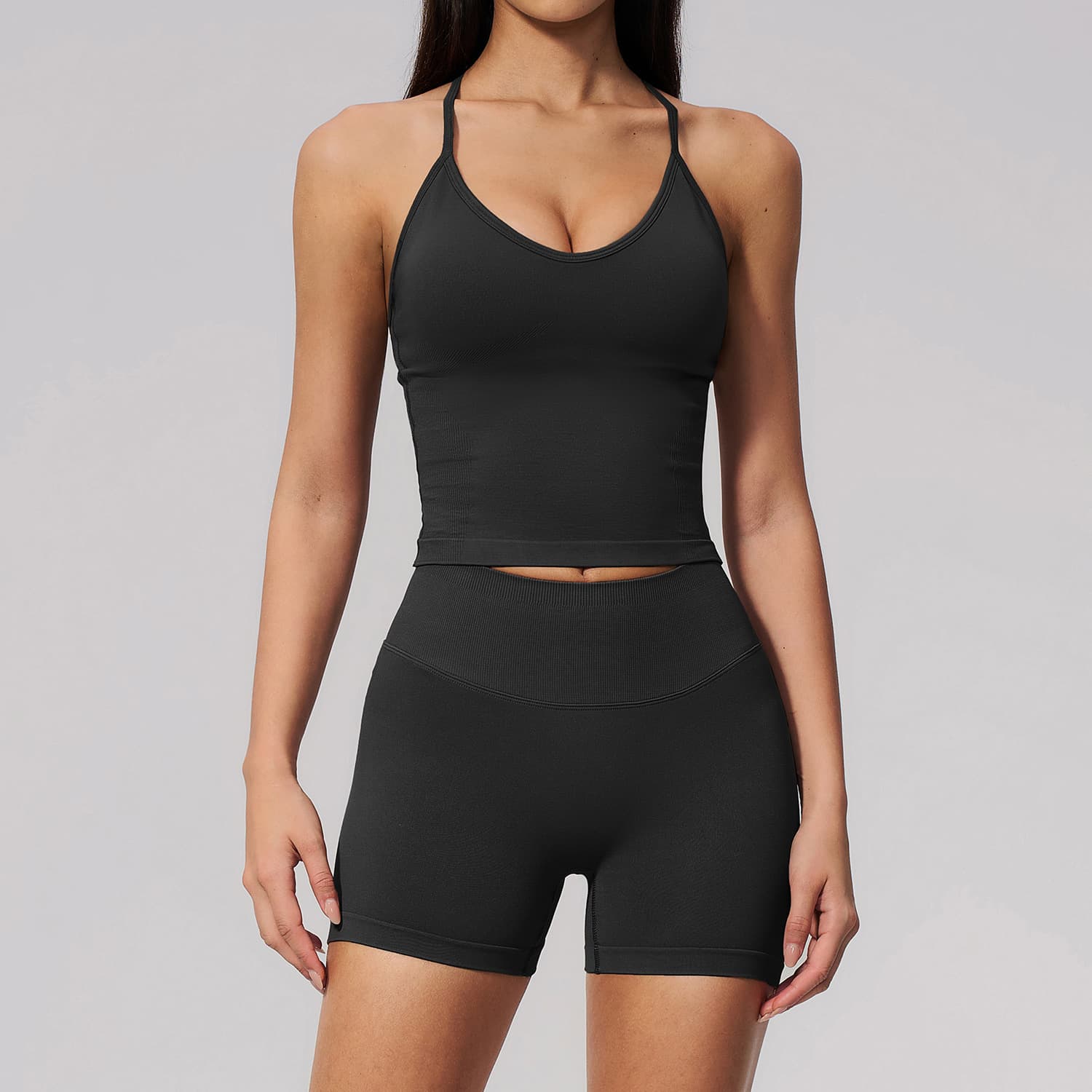 Cross-border Summer High Waist Hip Yoga Set Women Neck Neck Beauty Backless Knitted Sports Peach Fitness Clothing 3597