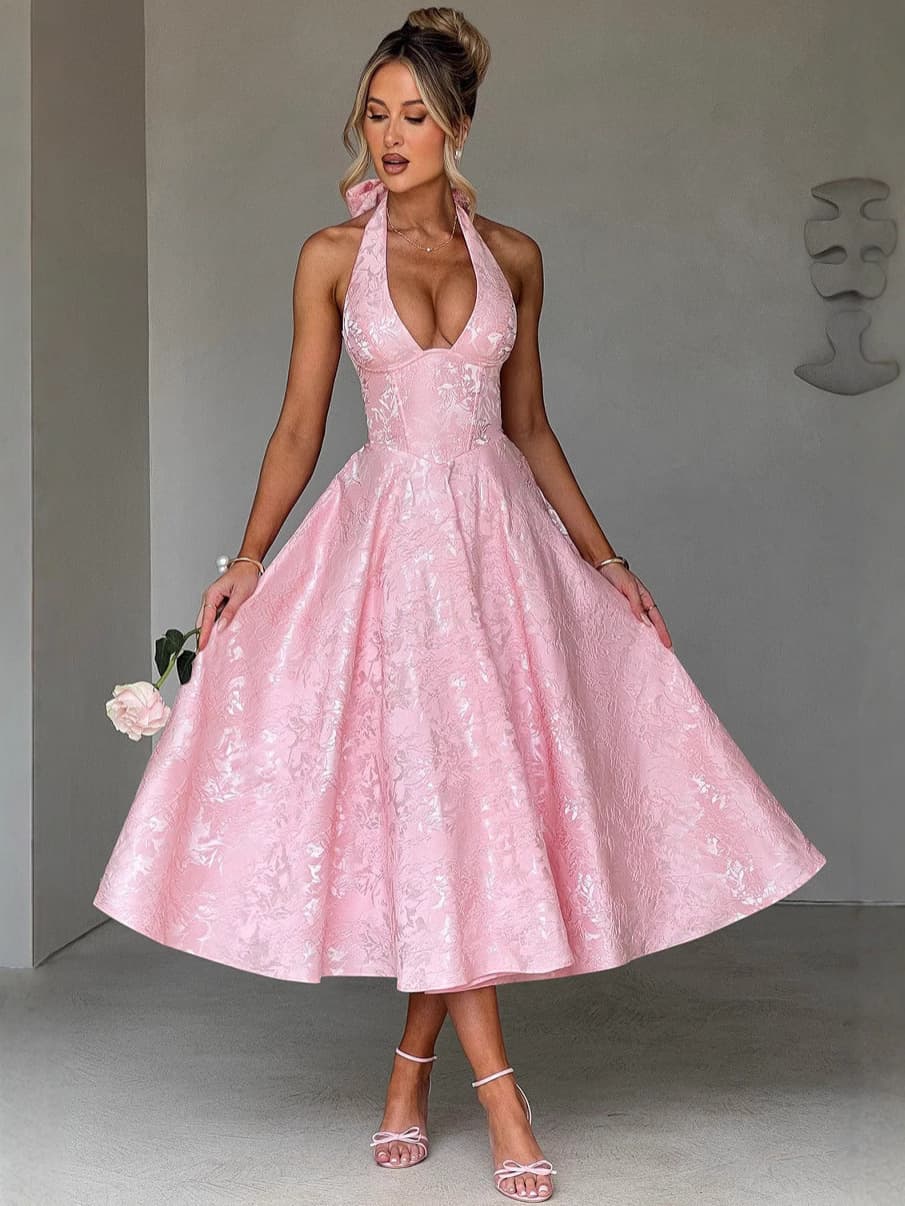 Cross-border Foreign Trade Same Origin Necklace Jacquard Dress Luxury Evening Dress Spring Summer Elegance Sleeveless Backless Waist Dress
