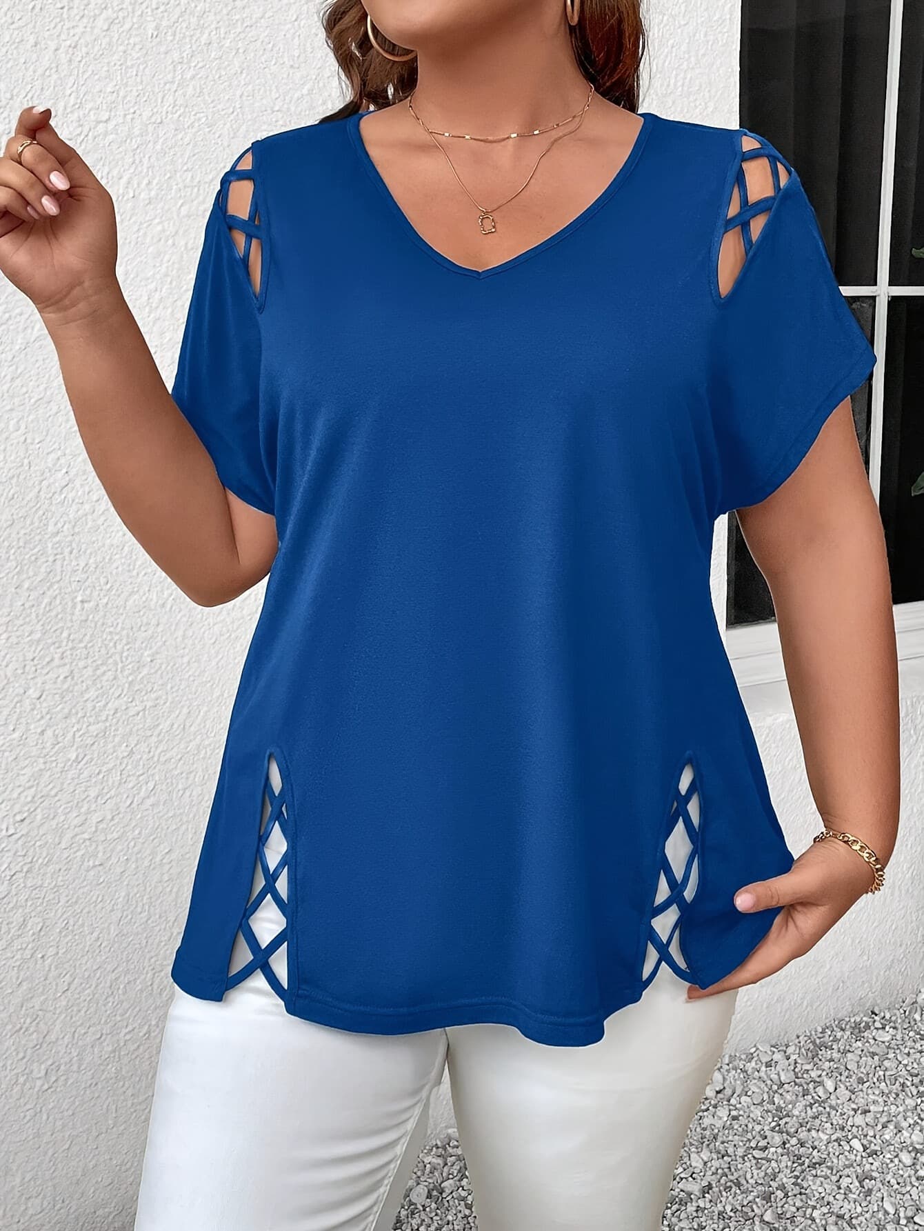 Plus Size 2025 New Amazon European And American Cross Border Women Summer European And American Sexy V-neck Crossbody Short Sleeve T-shirt