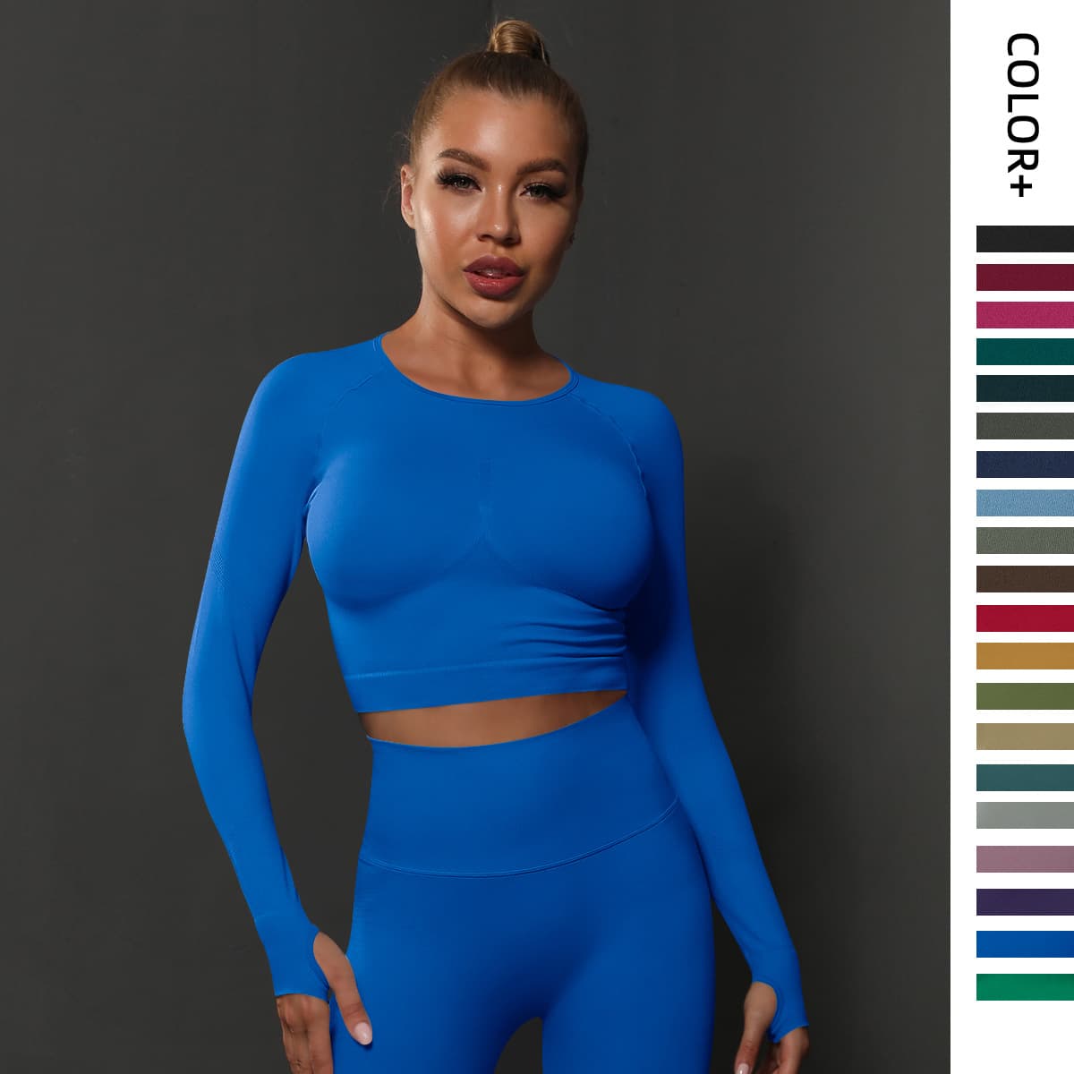 Cross-border European And American Seamless Tight Solid Color Folded Sports Long Sleeve Top High Elastic Breathable Running Fitness Yoga Clothing Women