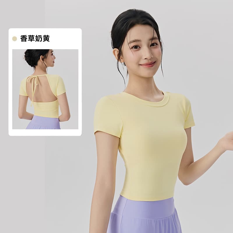 26 Spring/summer Yoga Clothing Short Sleeve Women's Wrap Chest Pad Back Free Underwear Fitness Top Slim Fit Sport T-shirt