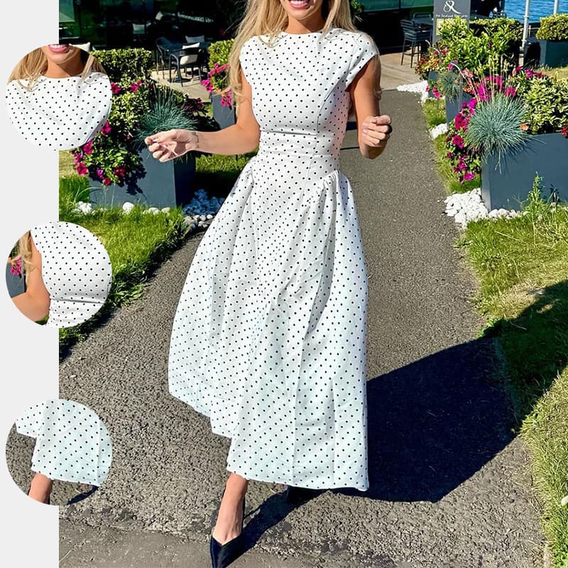 2026 Spring New Women's Cross-border European And American Dress French Polka Dot Crewneck Waist Slim Long Swing Skirt