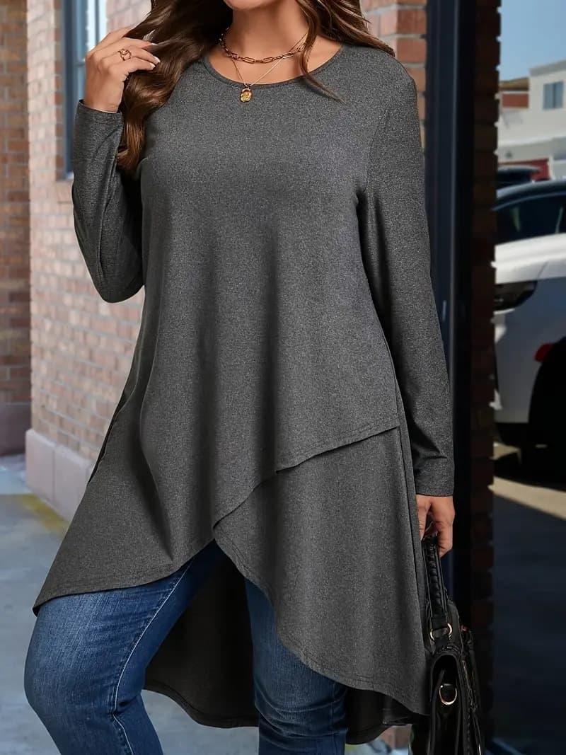 Spot Large 2026 Euro-american New Amazon Asymmetric Bottom Casual Loose Long Sleeve Solid Top