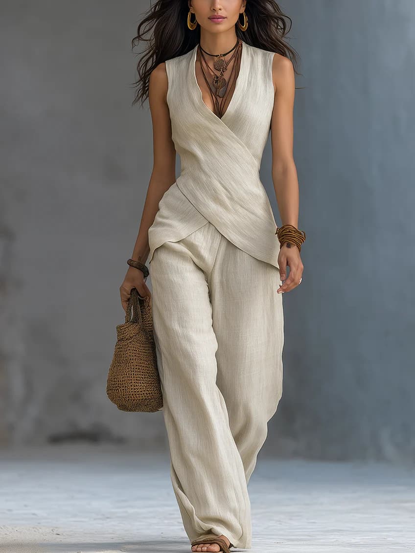 New 2026 Foreign Trade Cross-border European And American Fashion Commuter Casual V-neck Cross Top Simple Casual Trousers