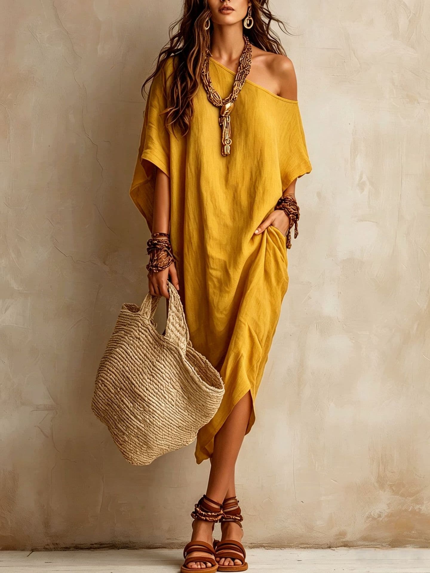New 2026 European And American Cross-border Independent Station Solid Color Casual Personality Design Cross-shoulder Neck Loose Women's Dress