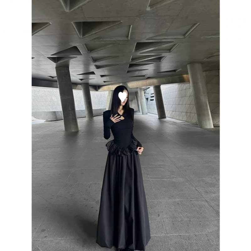 Black New Chinese Cheongsam Long Sleeve Dress Women's Early Fall High Elegance Waistline Birthday Dress Long Dress