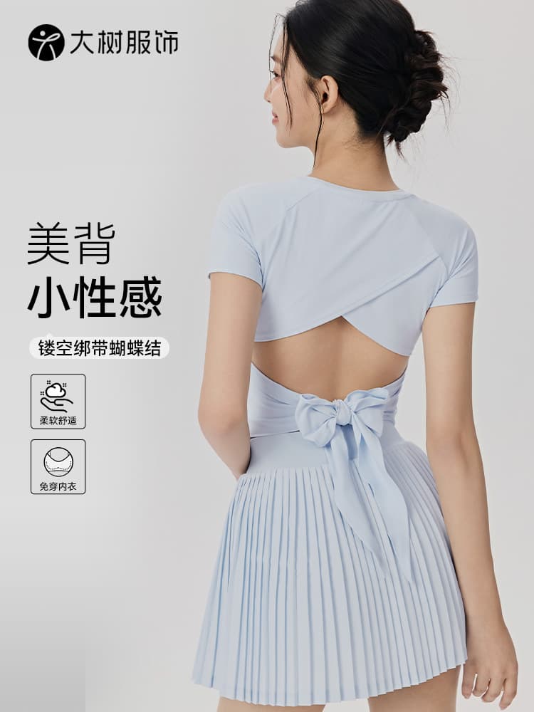Big Tree Clothing Yoga Clothing Women's Suits With Chest Pads Hollowed Out Beautiful Back Yoga Short Sleeve Slim Pilates Exercise Suit