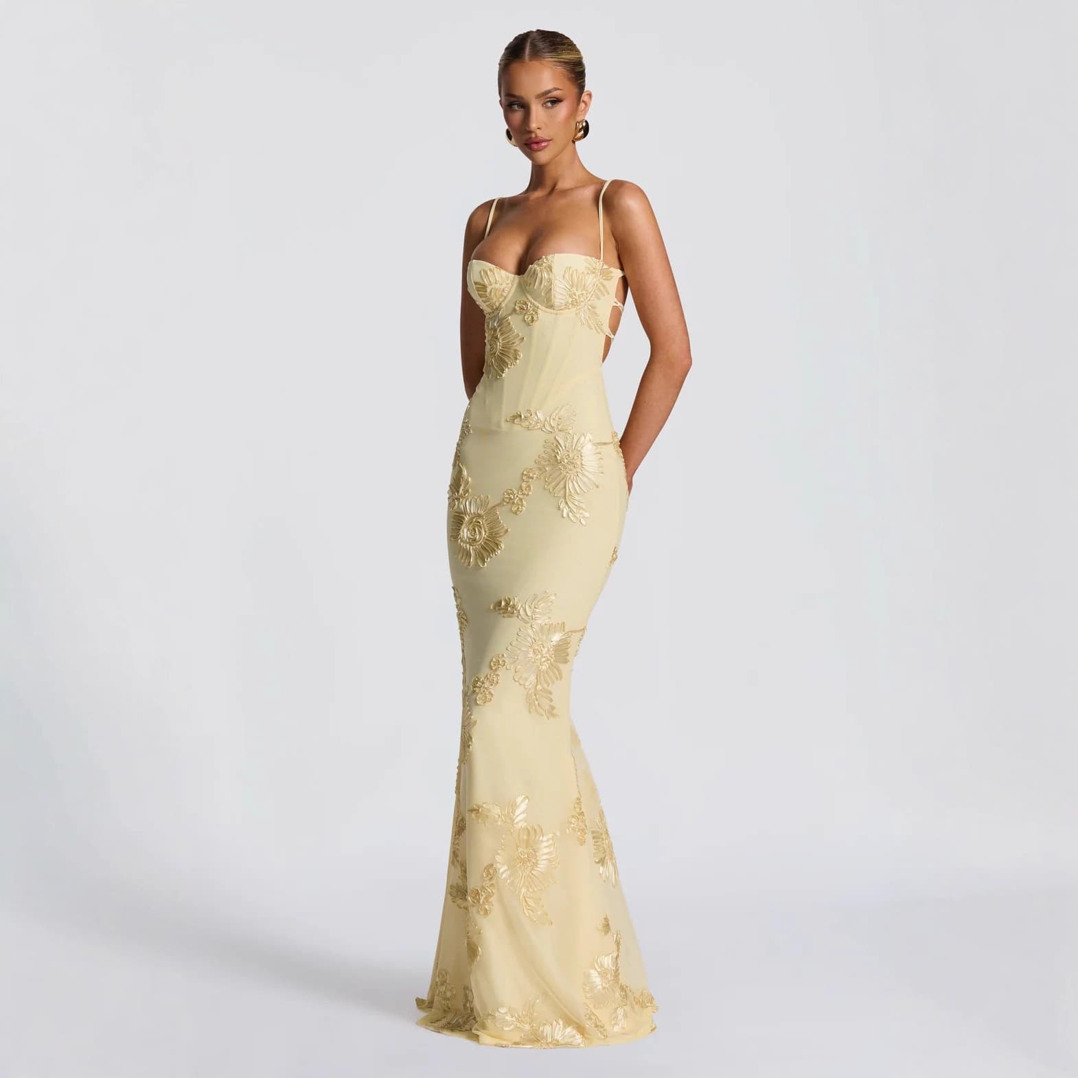Floral Evening Dress Women's High-end Banquet Wear Elegant Strap Dress Slim French Back Solid Color Long Dress