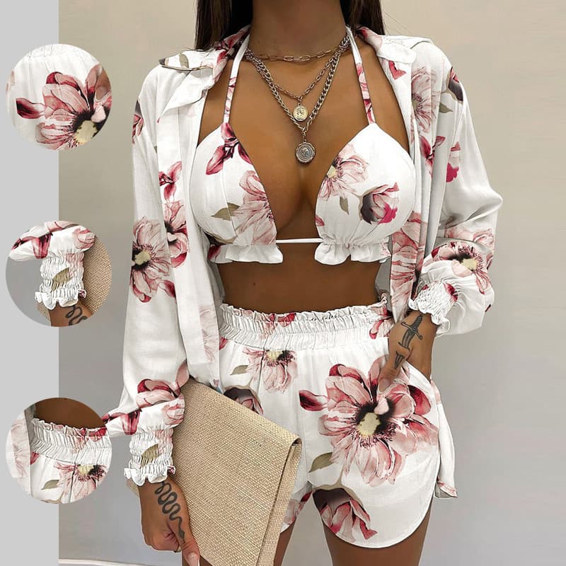 2026 New Spring Women's Cross-border European And American Sexy Three-piece Beach Fashion Shorts Set