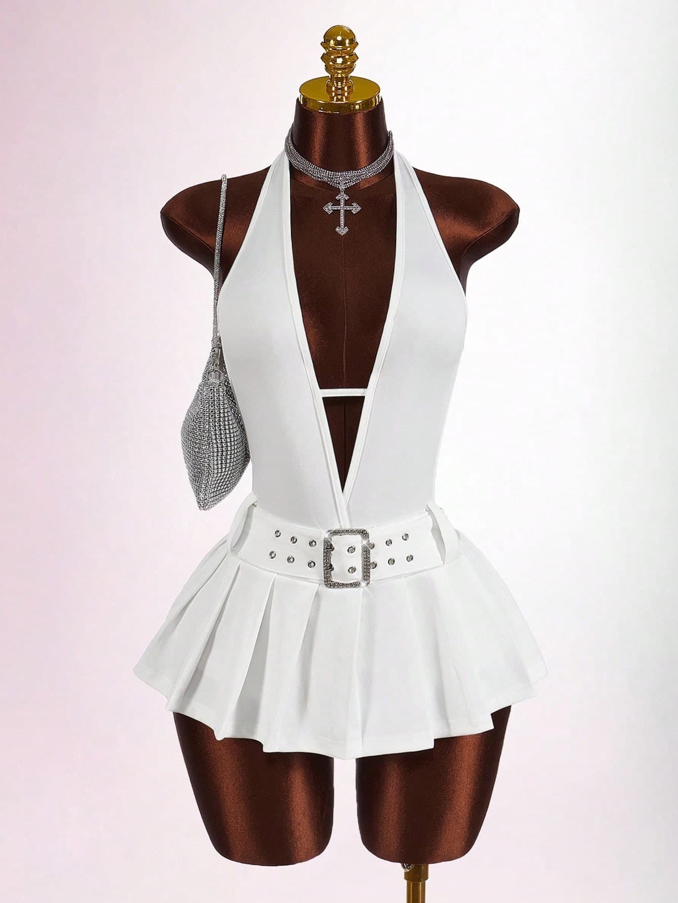 European And American New Cross-border Fashion Solid Color Slim Sexy Waist Hanging Neck Open Back Deep V Pleated Short Skirt Dress Women