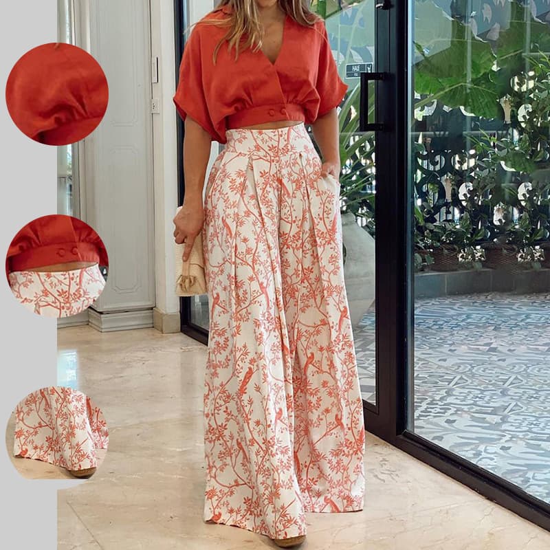 2026 New Spring Women's Cross-border European And American Shirt Top Set V-neck Print Wide Leg Pants Fashion Set