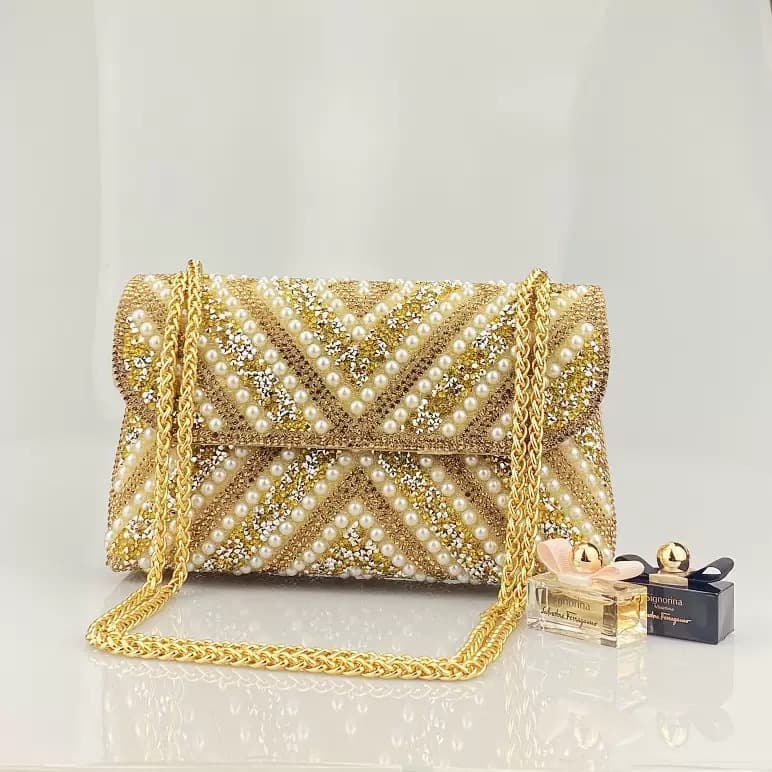 New Foreign Trade Pearl Shoulder Dinner Bag Luxury Fashion Rhinestone Small Square Bag High Quality Tri-color Wedding Bridal Bag