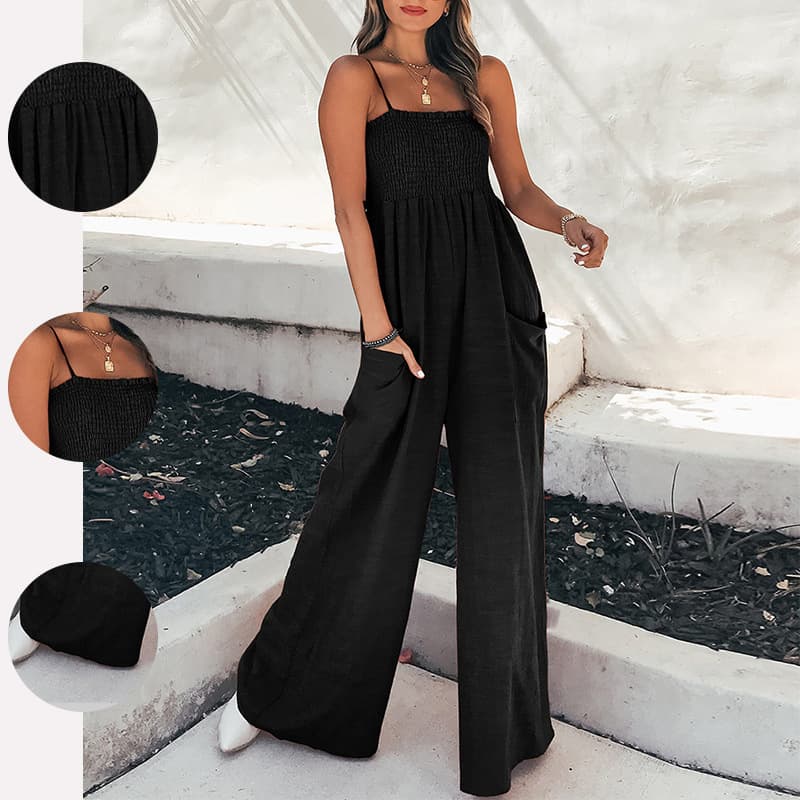 2026 New Spring Women's Cross-border European And American Jumpsuit Solid Color Pleated High Waist Strap Jumpsuit