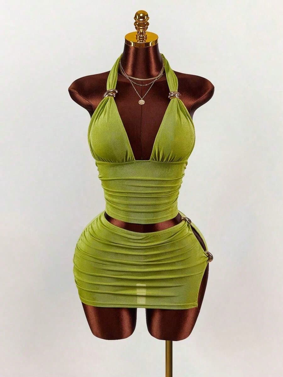 European And American New Solid Color Ins Slim Sexy Hot Low Neck Neck Strap Vest Top Pack Hip Skirt Set