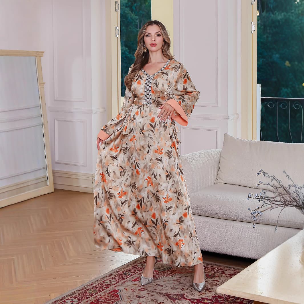 2026 Summer New Elegant Comfortable Long Dress Cross Border Origins Factory Wholesale Long Dress Satin Printed Dress