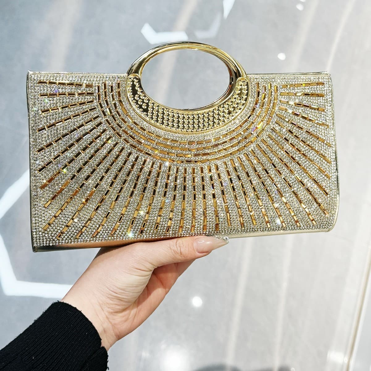2025 New Cross-border Vintage Ring Handbag Advanced Texture Diamond Set Flash Dinner Bag Party Rhinestone Handbag
